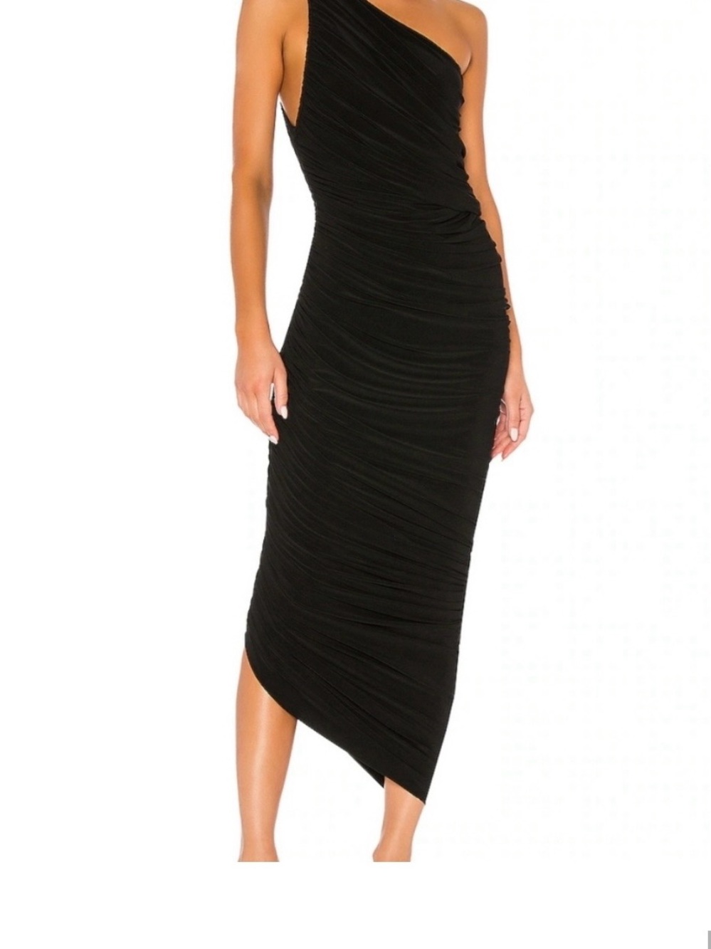 Norma Kamali Black One-Shoulder Ruched Asymmetric Midi Dress
